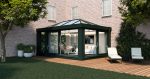 black conservatory with a roof lantern and sliding doors