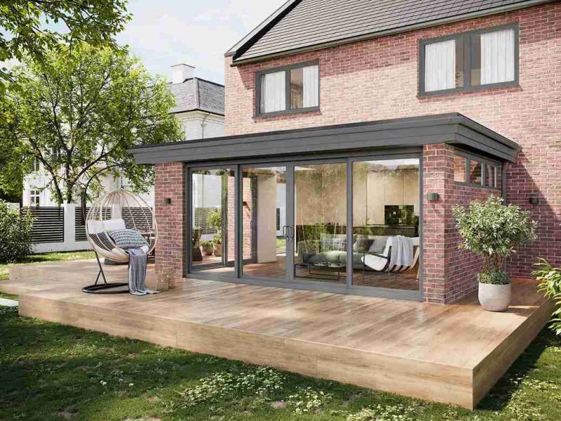 Grey Aluminium French doors on a red brick extension